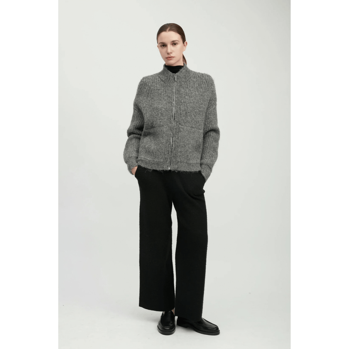 Common Knit Alpaca Bomber Zip Cardigan, earth – view 2