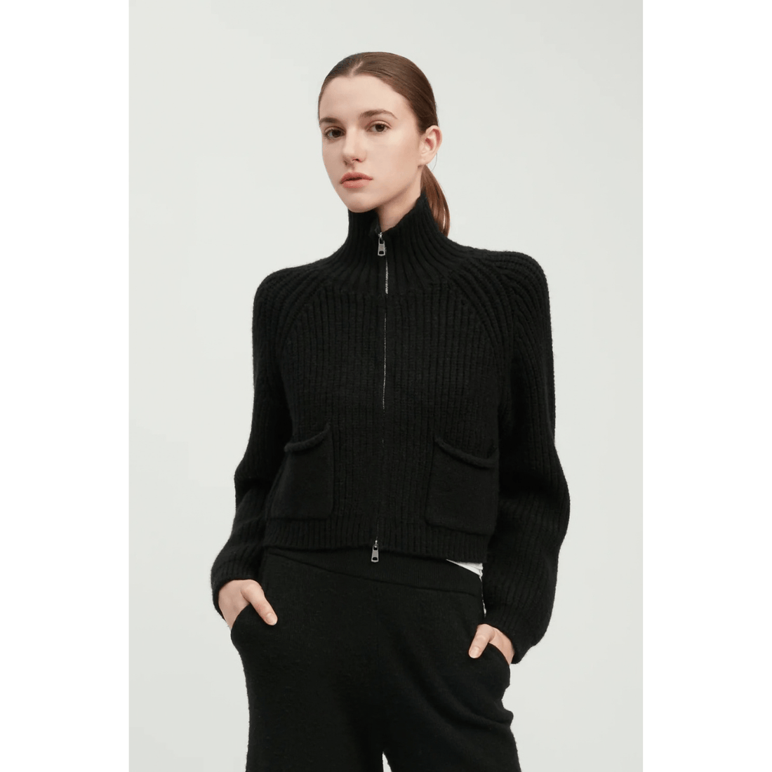 Shoe-Inn Pocket Detailed Crop Knit Jacket, black – alternate view