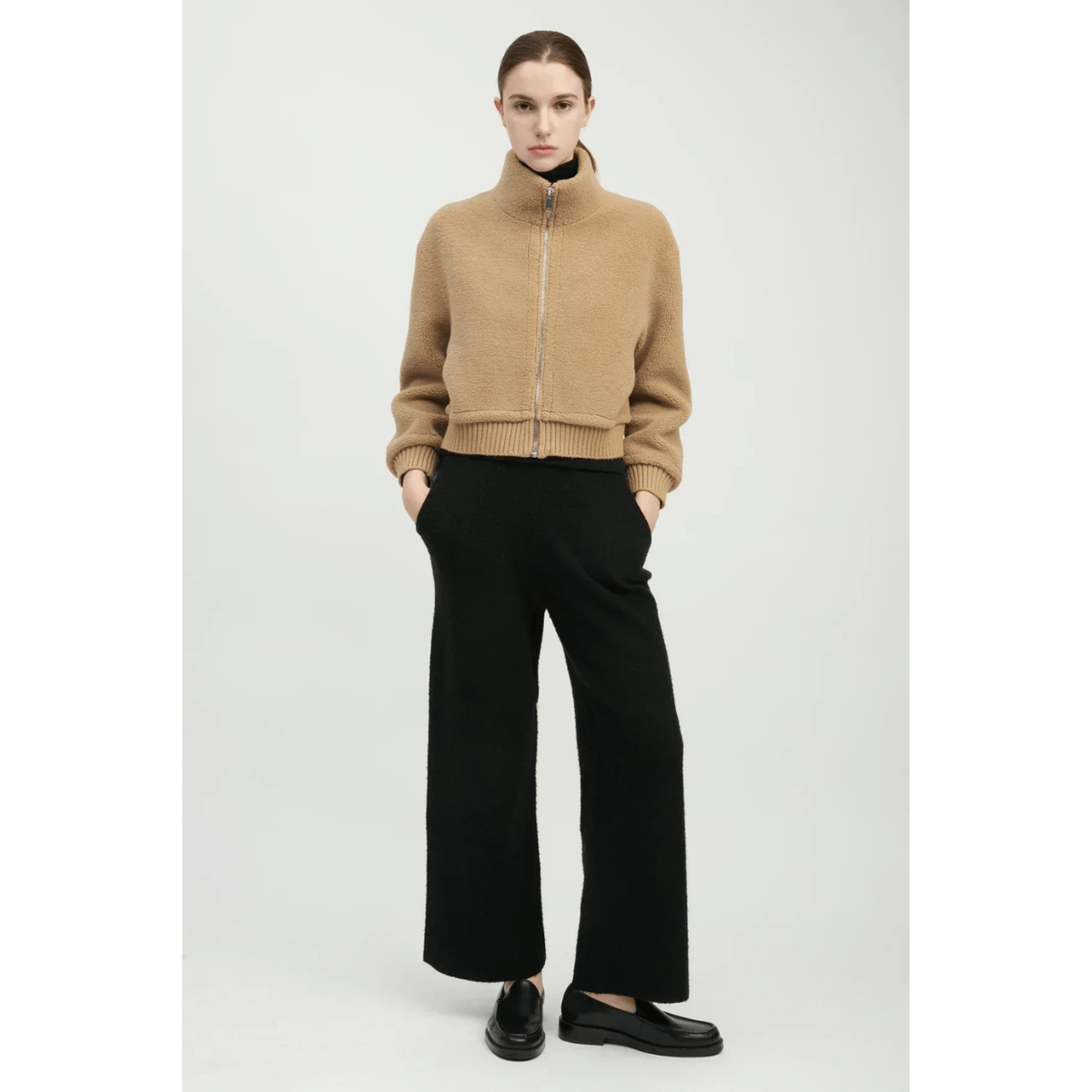 Common Knit Teddy Sherpa Crop Bomber, camel – view 4