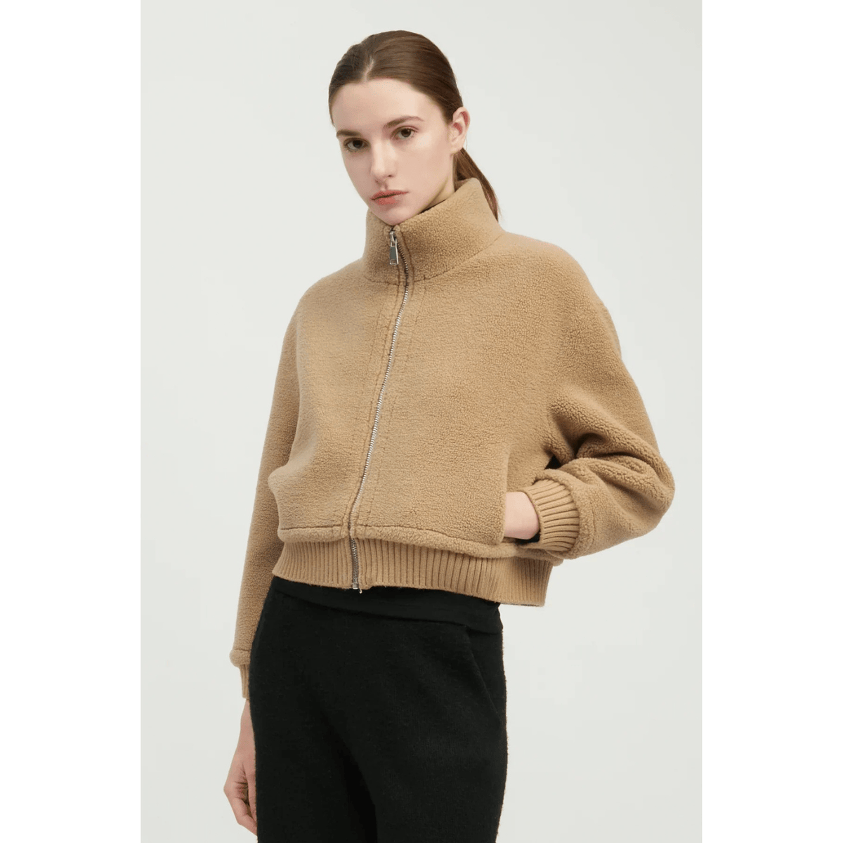 Common Knit Teddy Sherpa Crop Bomber, camel – view 7