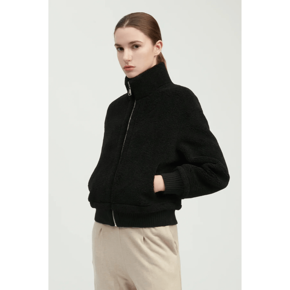 Common Knit Teddy Sherpa Crop Bomber, black