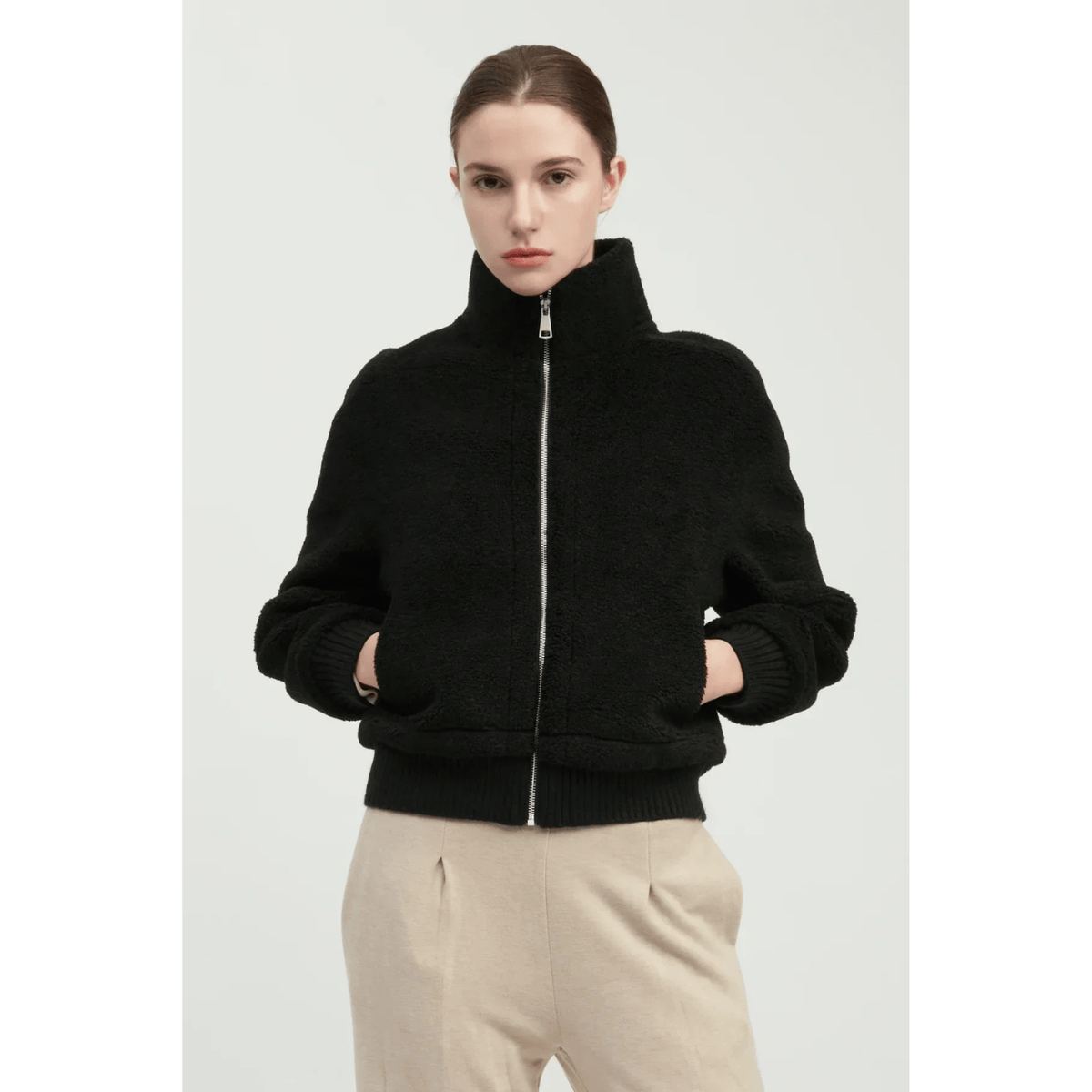 Common Knit Teddy Sherpa Crop Bomber, black – view 16