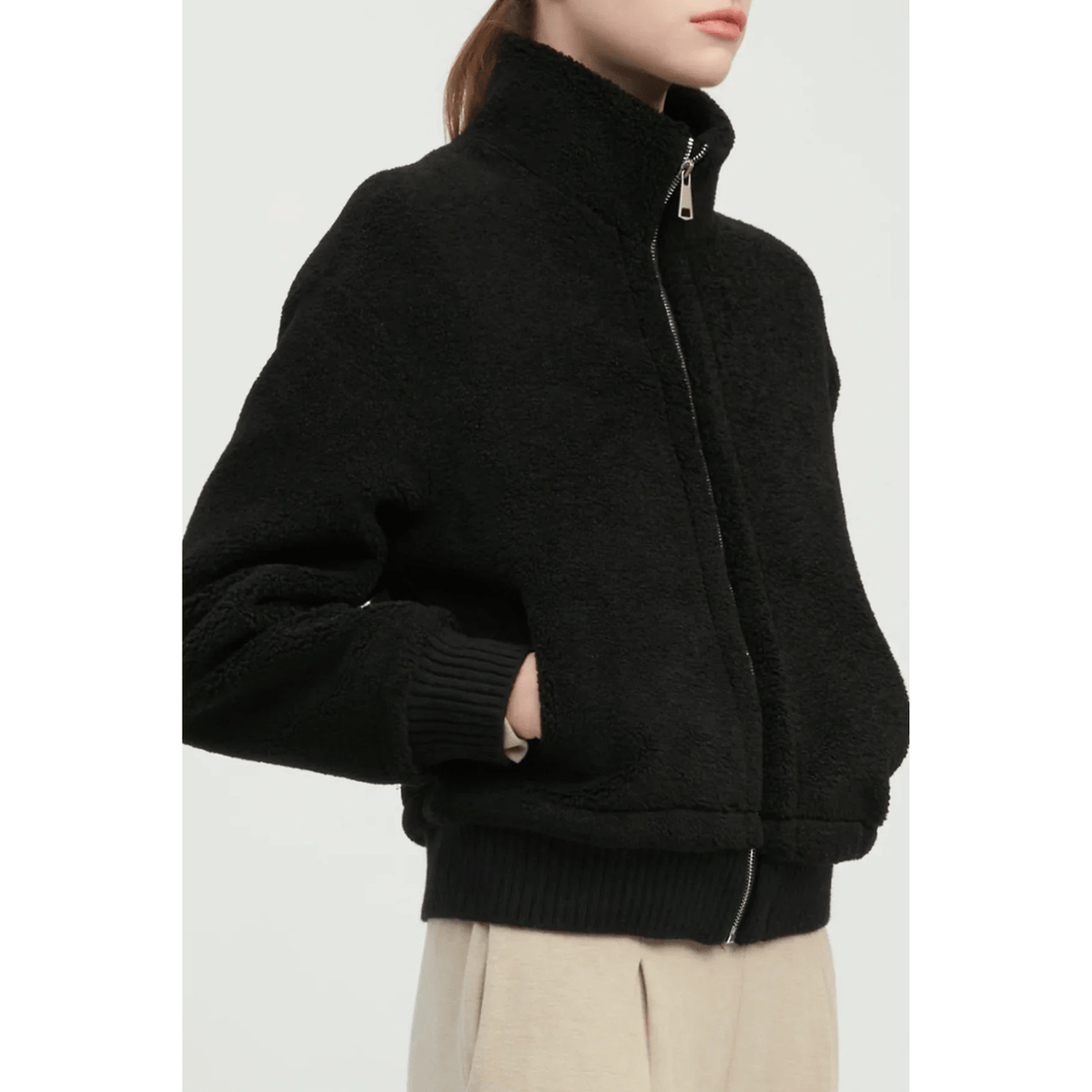Common Knit Teddy Sherpa Crop Bomber, black – view 18