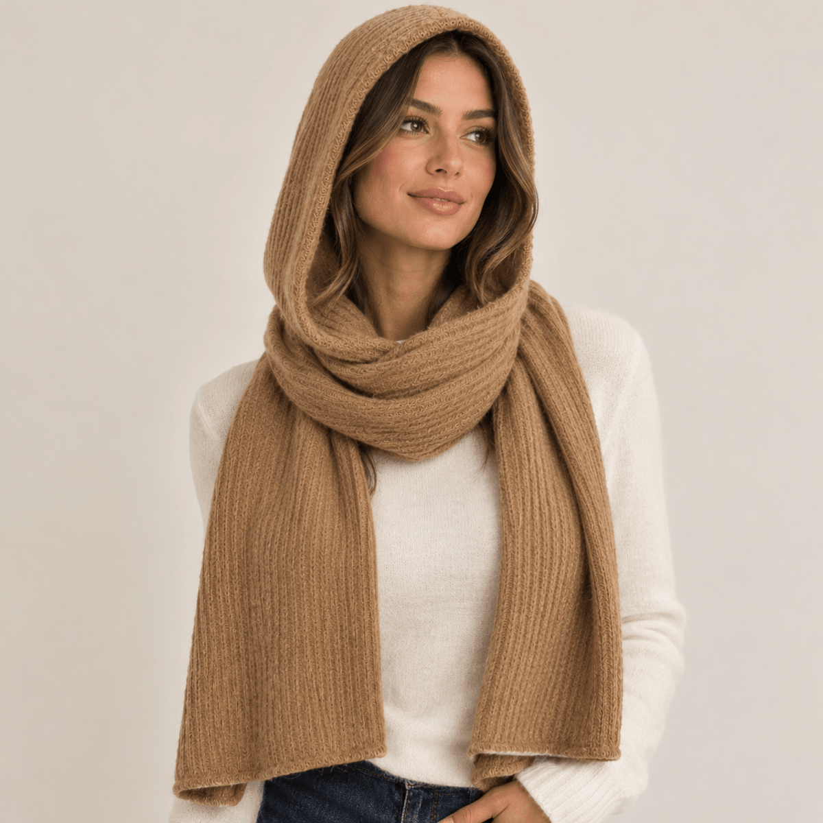 Shihreen Cashmere Scarf Hoodie, camel