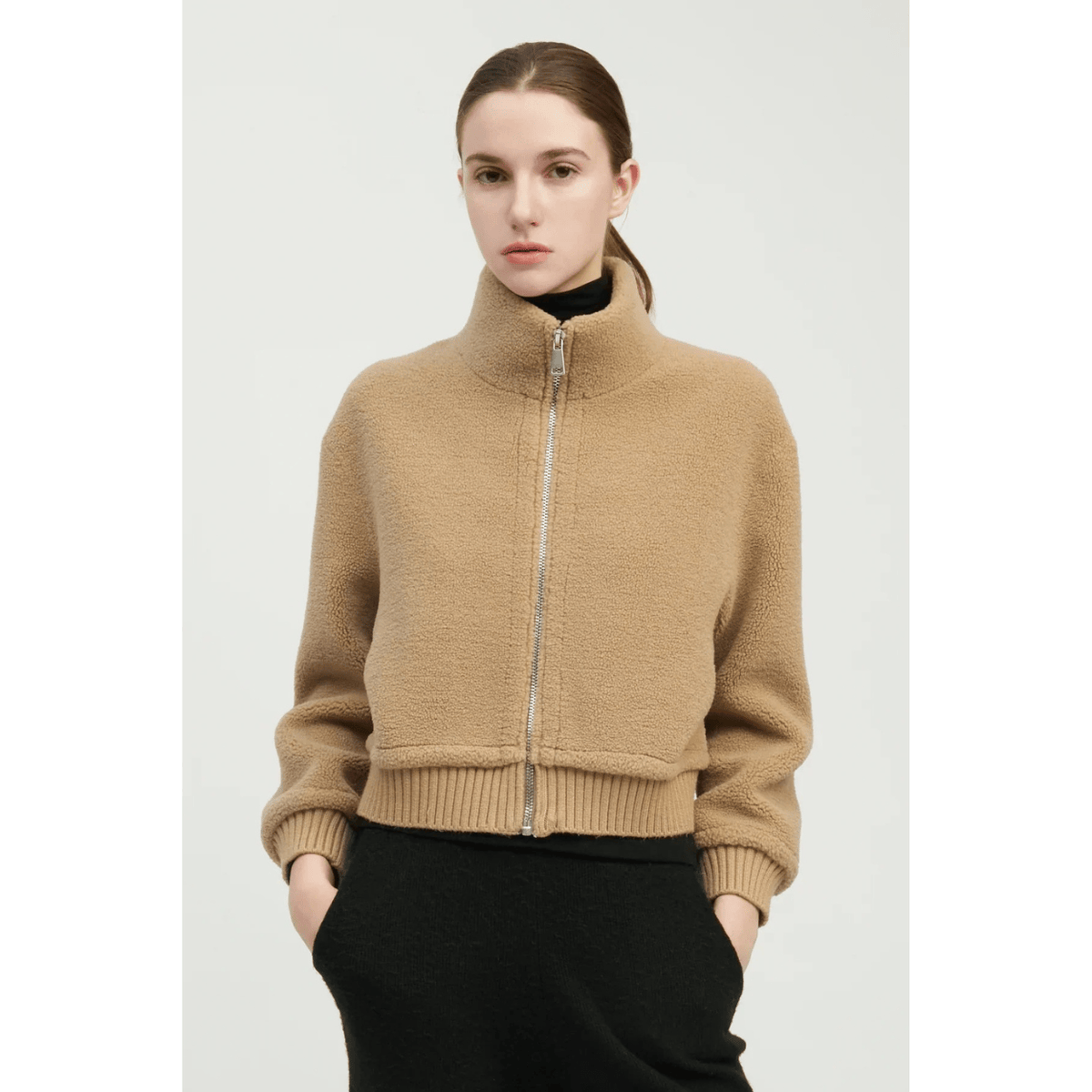 Common Knit Teddy Sherpa Crop Bomber, camel – view 5