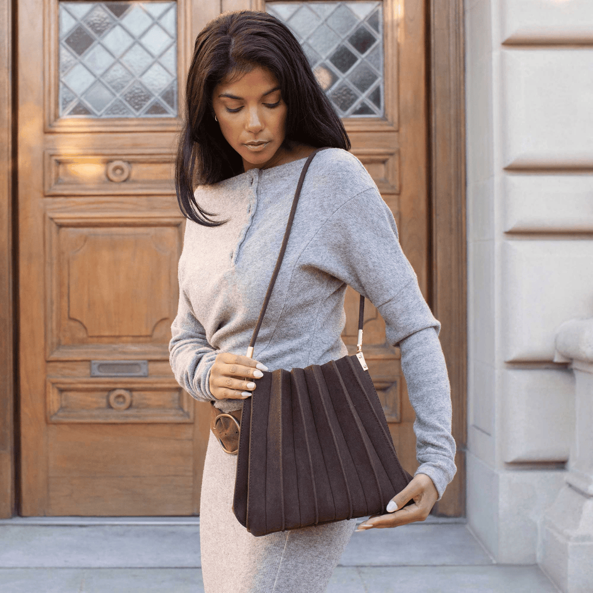 Melie Bianco Carrie Shoulder Bag, chocolate suede – view 7