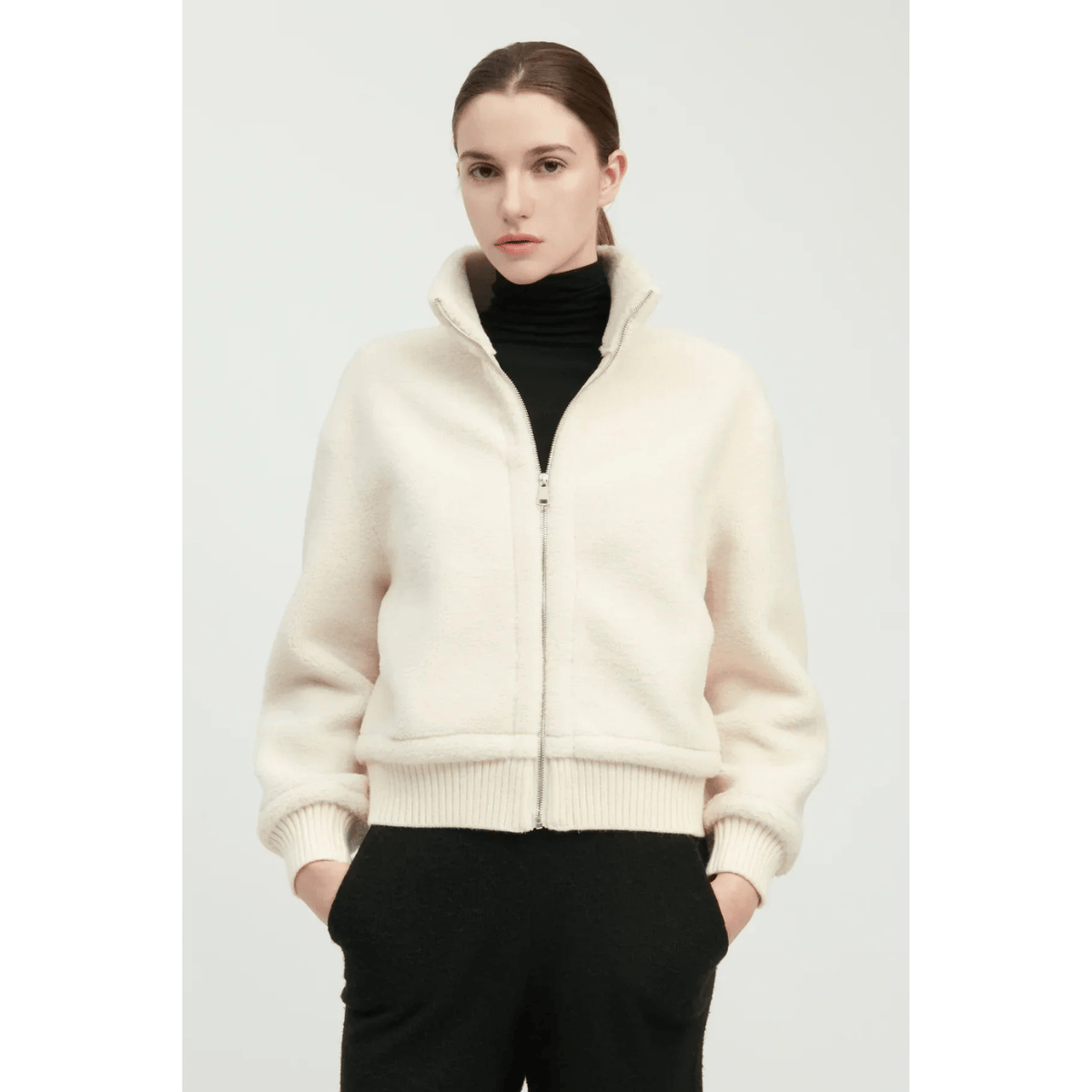 Common Knit Teddy Sherpa Crop Bomber, ivory – view 3